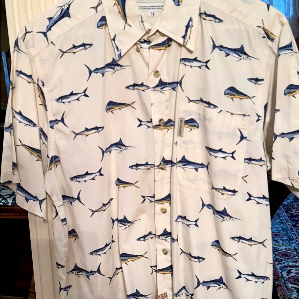 Men's White and Blue Fish Print Shirt